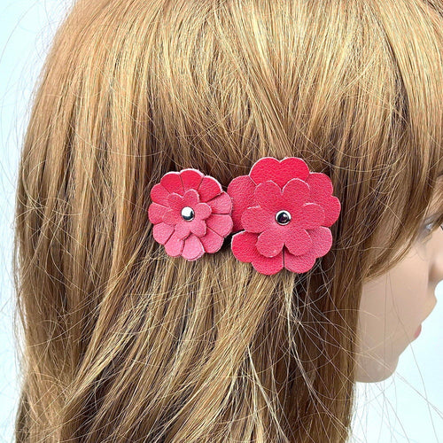 Barrette Cheveux Cuir 2 Fleurs 7,5cm