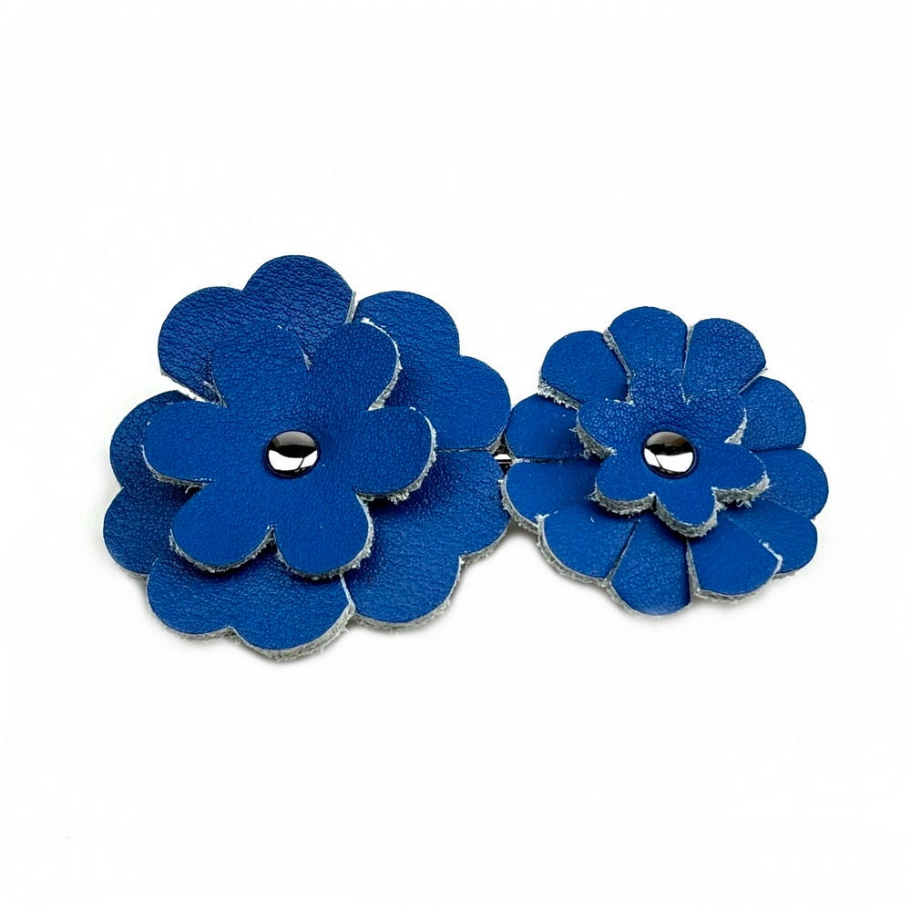 Barrette Cheveux Cuir 2 Fleurs 7,5cm Bleu