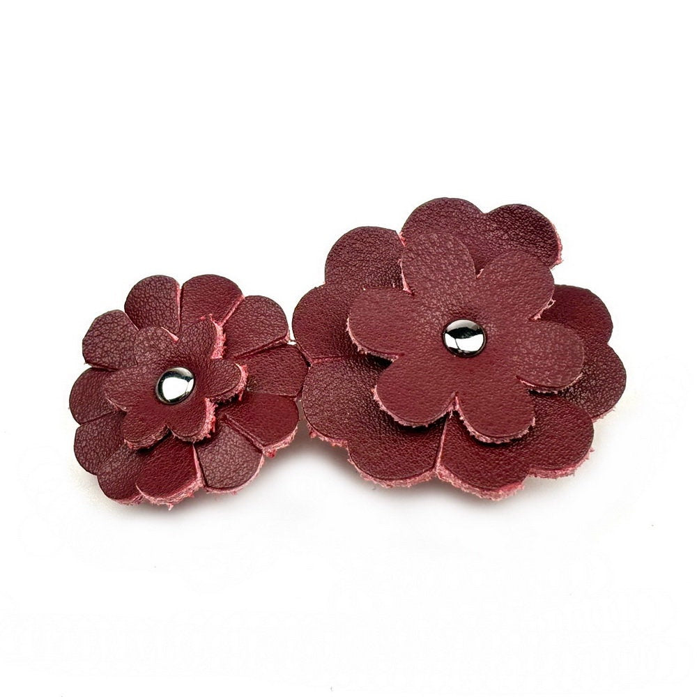 Barrette Cheveux Cuir 2 Fleurs 7,5cm Bordeaux
