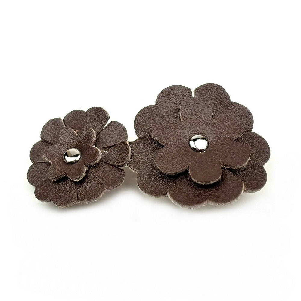 Barrette Cheveux Cuir 2 Fleurs 7,5cm Marron