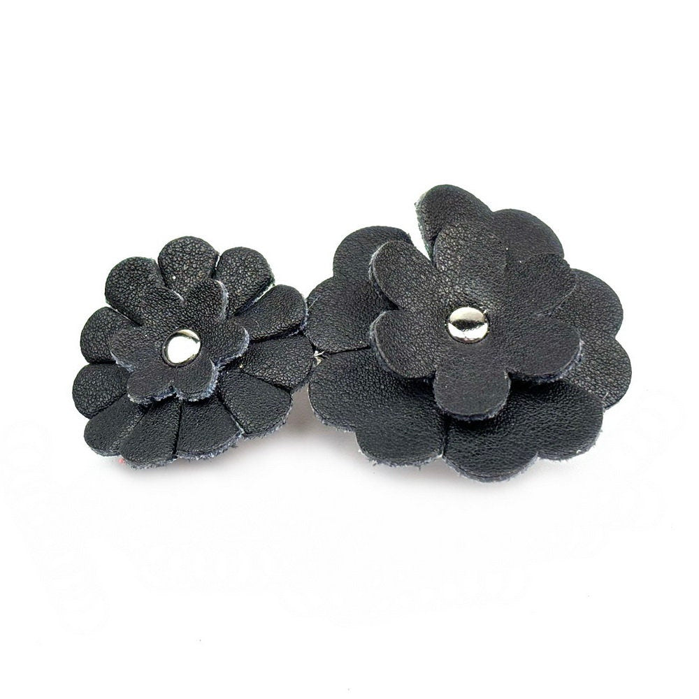 Barrette Cheveux Cuir 2 Fleurs 7,5cm Noir