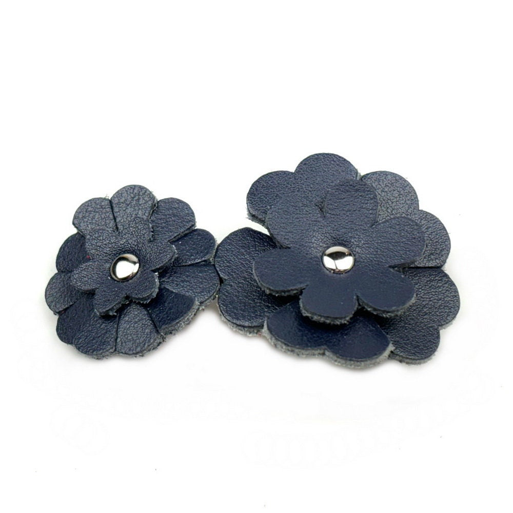 Barrette Cheveux Cuir 2 Fleurs 7,5cm marine