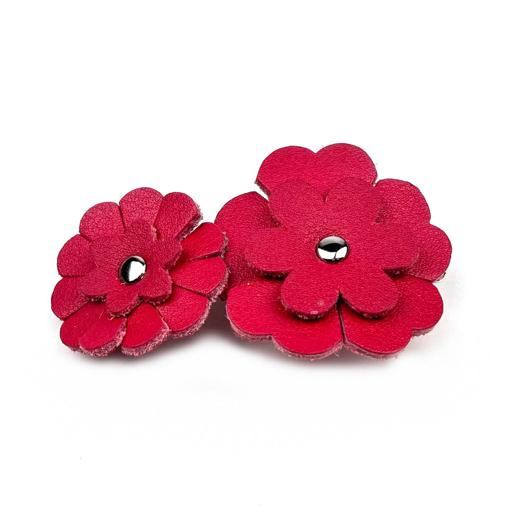 Barrette Cheveux Cuir 2 Fleurs 7,5cm Rouge