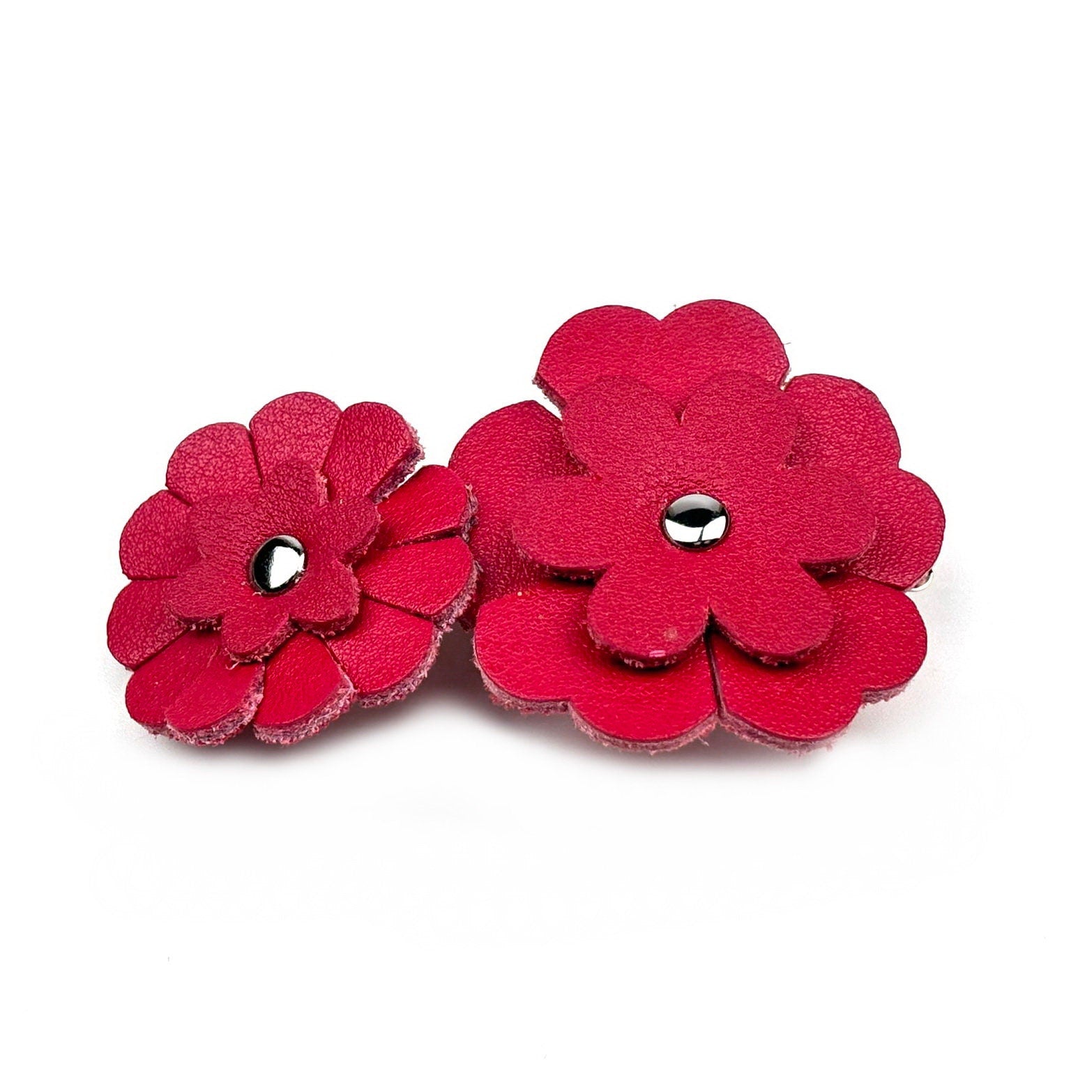 Barrette Cheveux Cuir 2 Fleurs 7,5cm Rouge