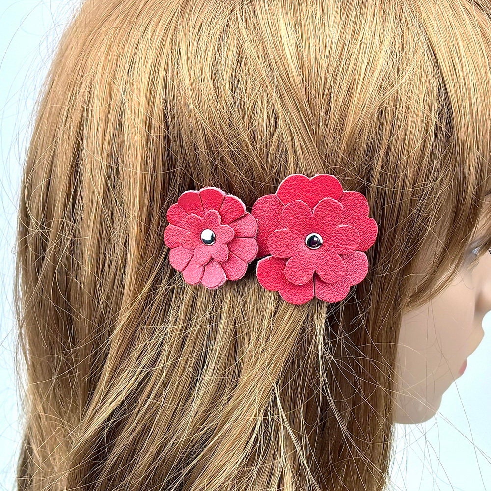 Barrette Cheveux Cuir 2 Fleurs 7,5cm 