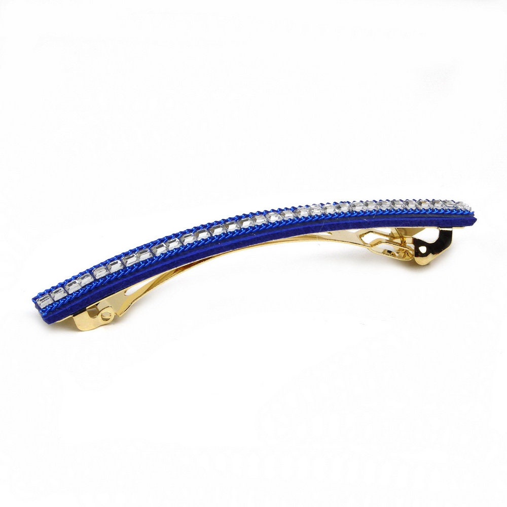 Barrette Cheveux Longue 9.5cm Velours  bleu Chaine Strass