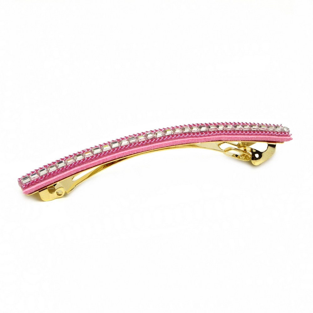 Barrette Cheveux Longue 9.5cm Velours Rose Chaine Strass