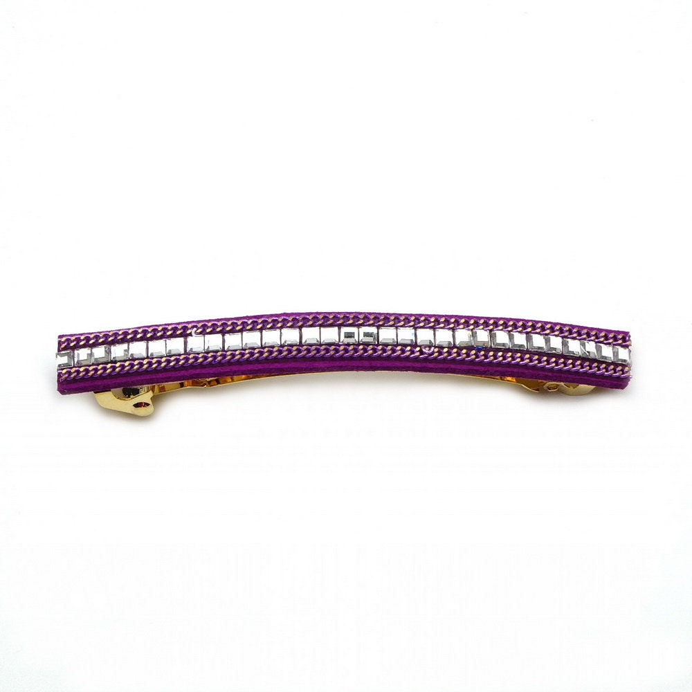 Barrette Cheveux Longue 9.5cm Velours  Violet Chaine Strass