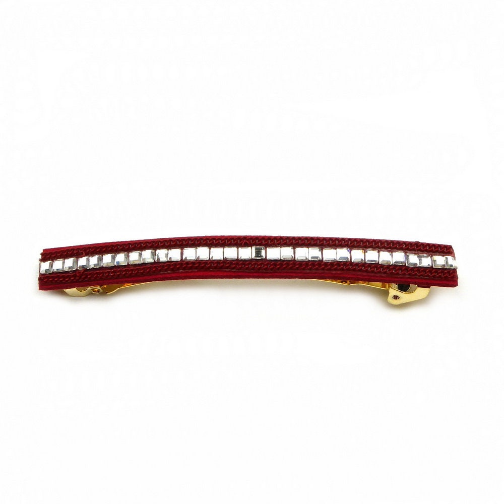 Barrette Cheveux Longue 9.5cm Velours rouge Chaine Strass