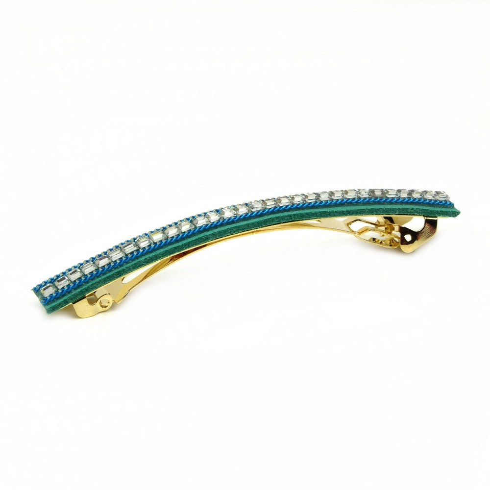 Barrette Cheveux Longue 9.5cm Velours  Turquoise Chaine Strass