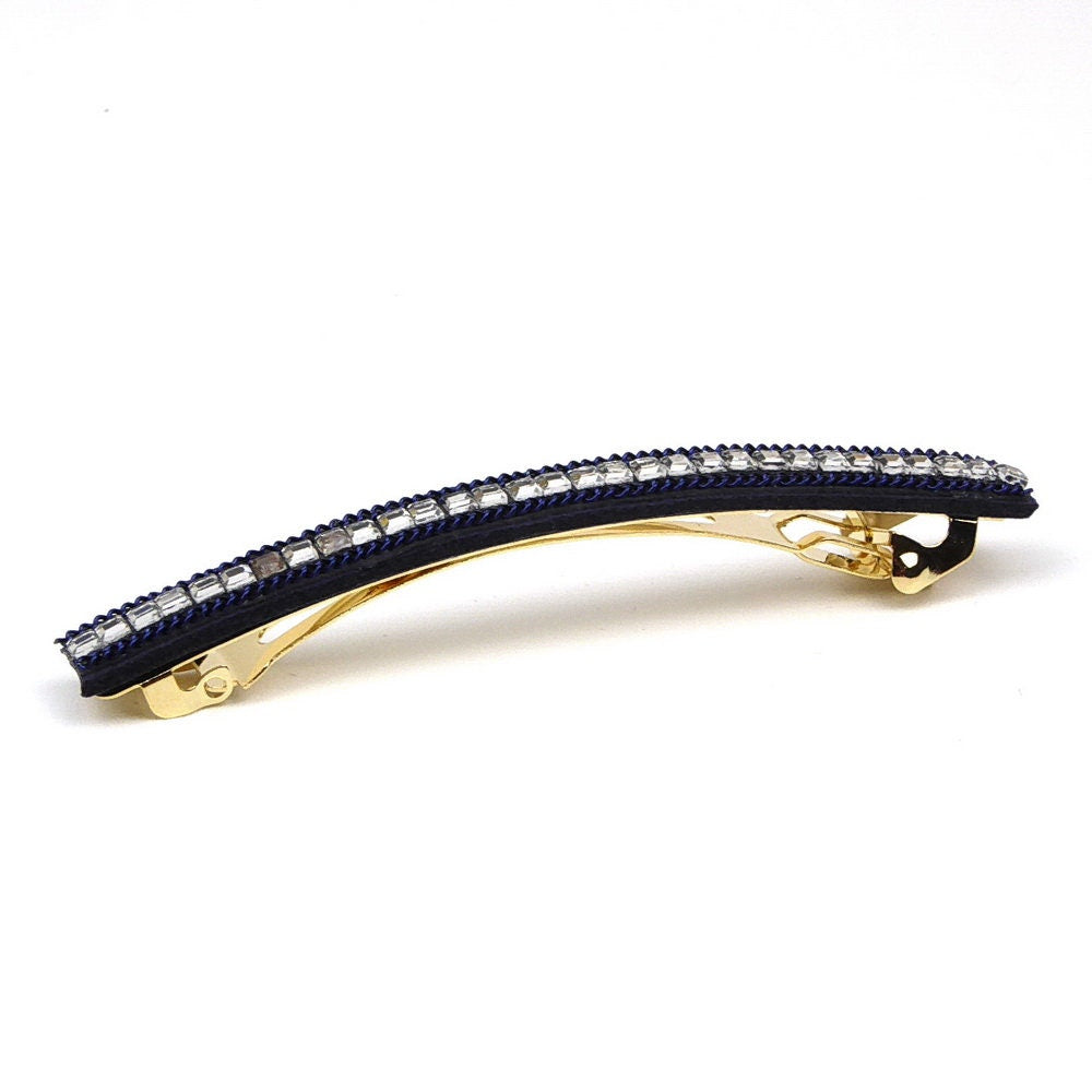 Barrette Cheveux Longue 9.5cm Velours Marine Chaine Strass