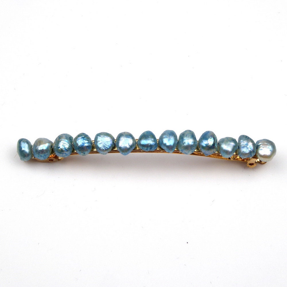 Barrette Cheveux Perles d'Eau Douce 8cm bleu