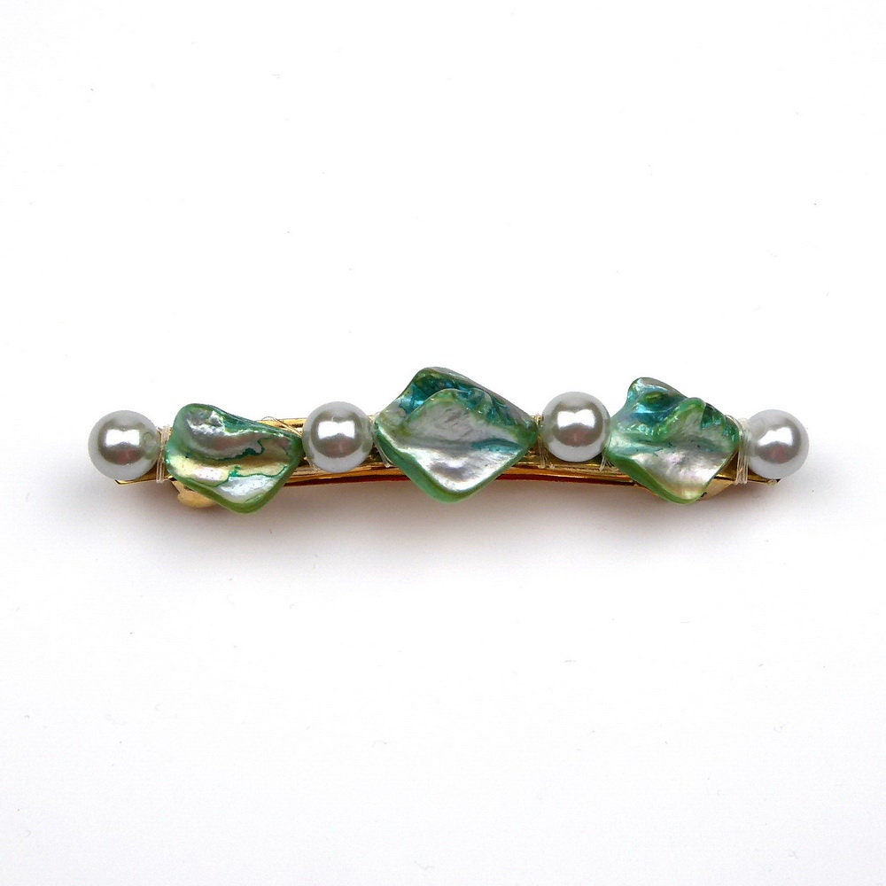 Barrette Cheveux Perles Nacre Coquillage 8cm bleu