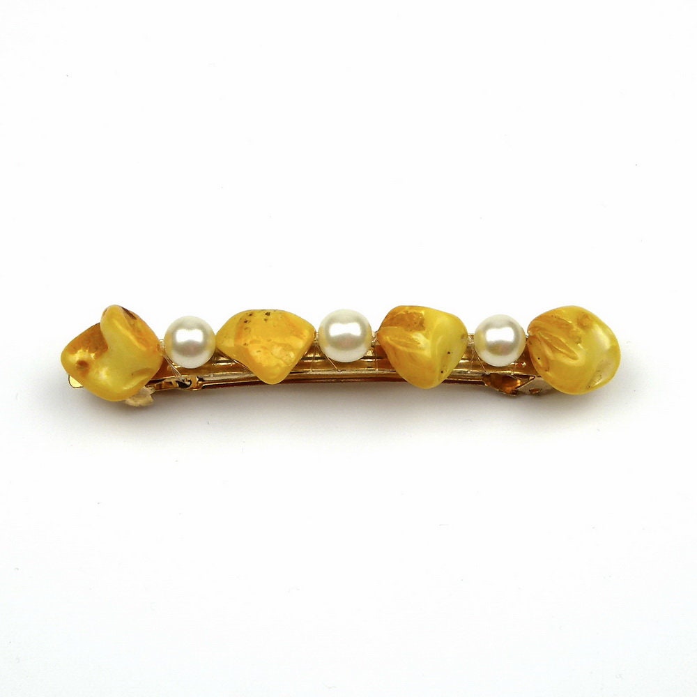 Barrette Cheveux Perles Nacre Coquillage 8cm jaune