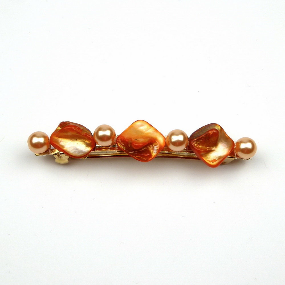 Barrette Cheveux Perles Nacre Coquillage 8cm orange