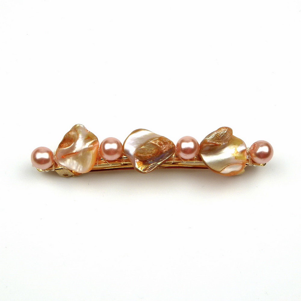 Barrette Cheveux Perles Nacre Coquillage 8cm rose poudré