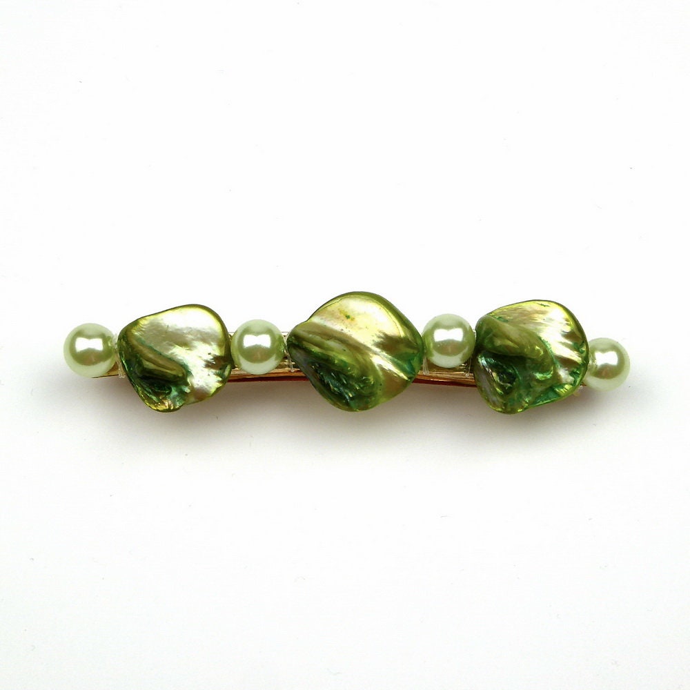 Barrette Cheveux Perles Nacre Coquillage 8cm vert