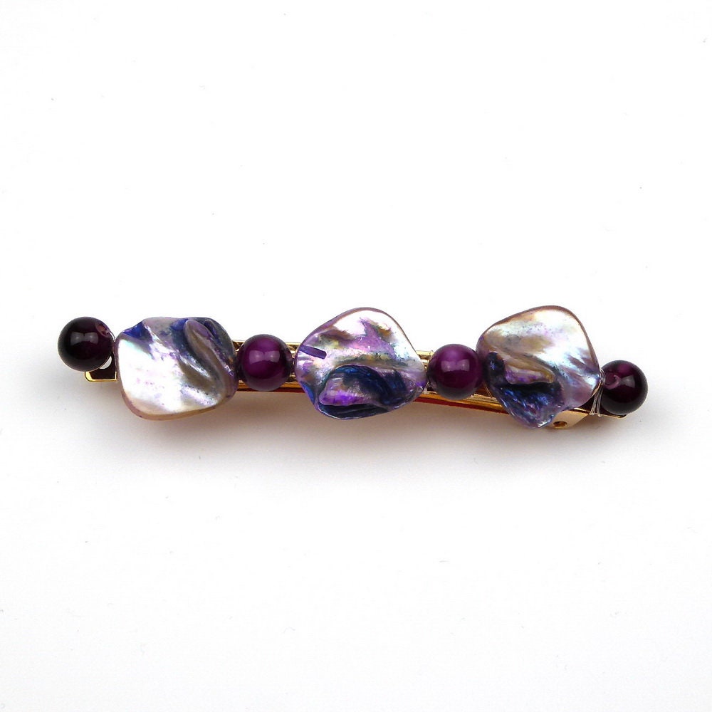 Barrette Cheveux Perles Nacre Coquillage 8cm violet