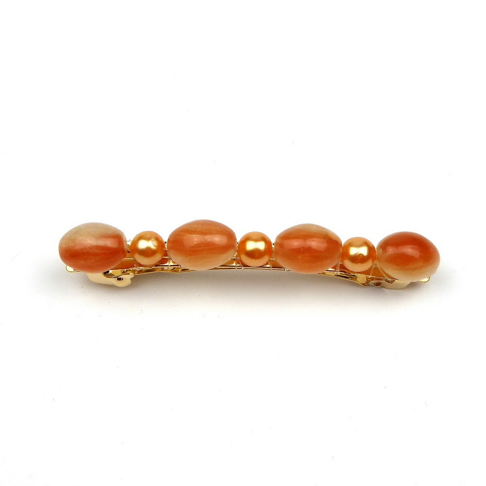 Barrette cheveux 7cm perle saumon 