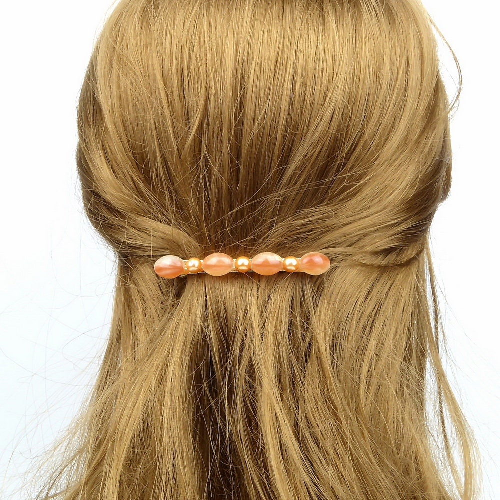 Barrette cheveux 7cm perles saumon cheveux fins