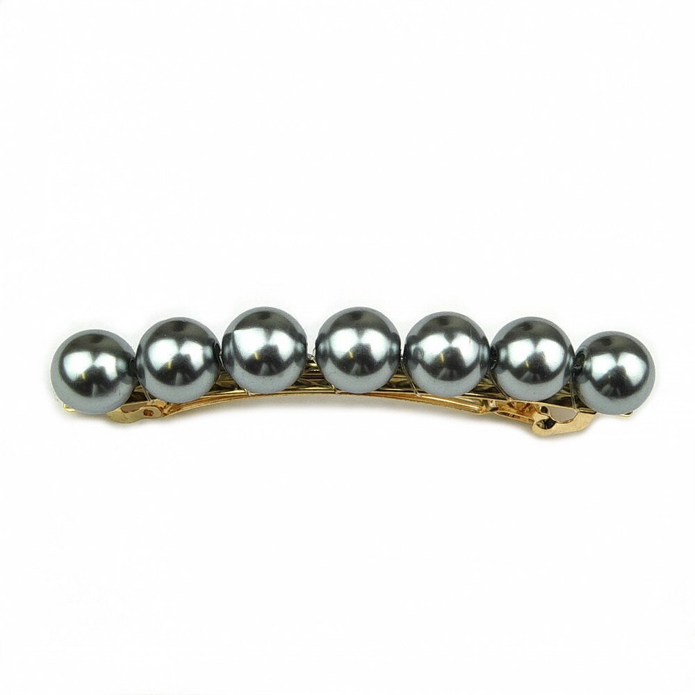 Barrette cheveux artisanale 8.5cm avec perles nacrées gris