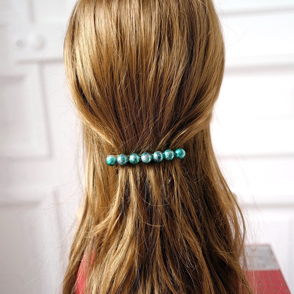 Barrette cheveux 8.5cm perle marbré bleu