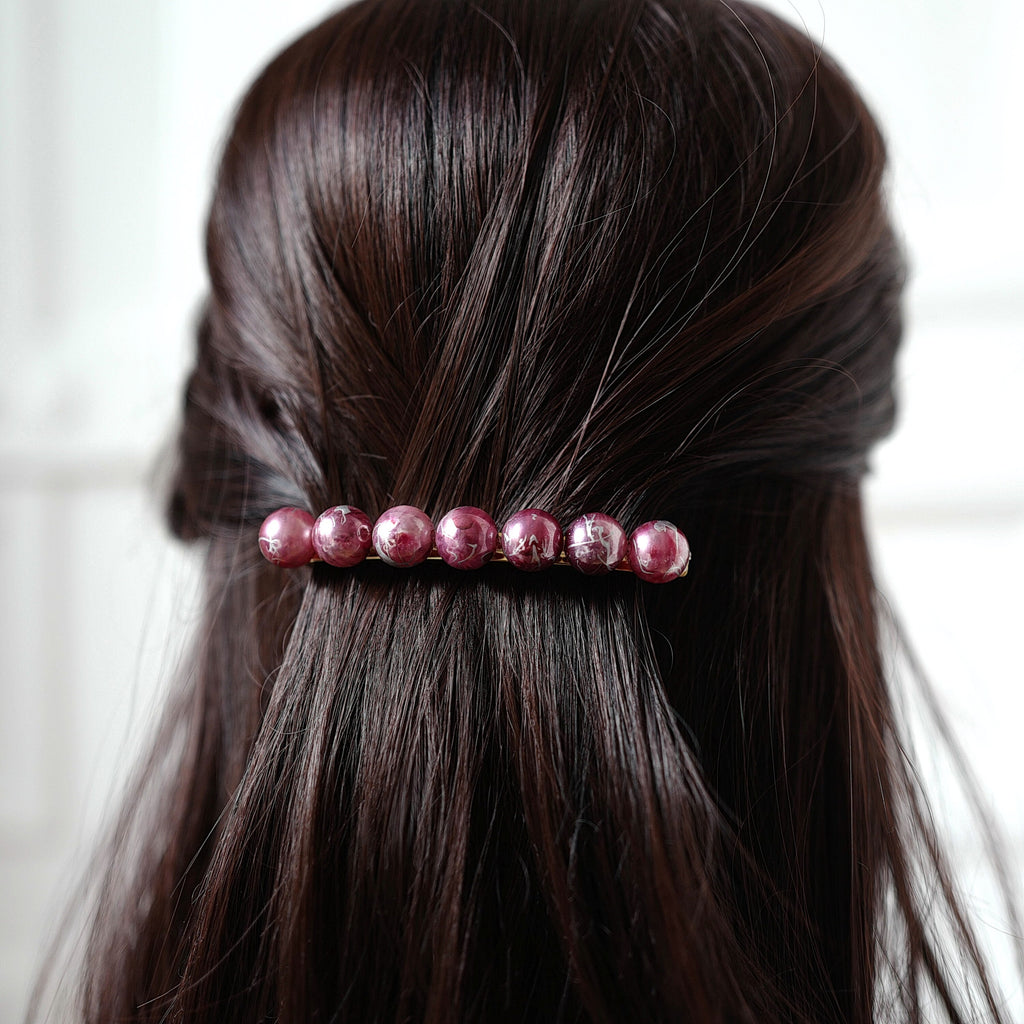 Barrette cheveux 8.5cm perle marbré rose