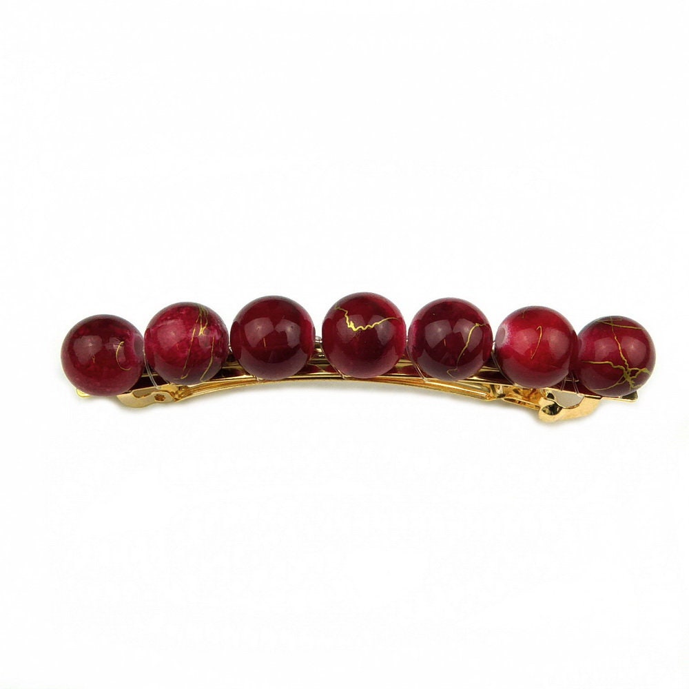 Barrette cheveux 8.5cm perles marbré rouge
