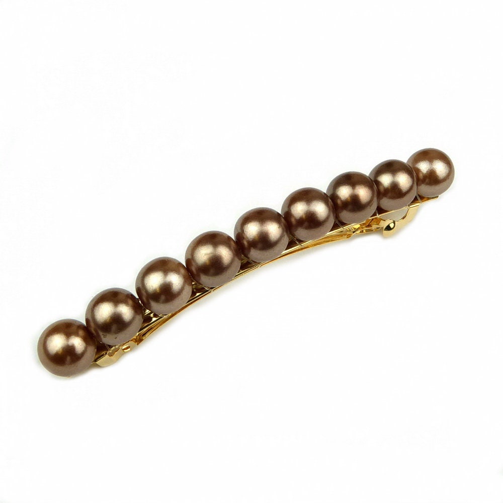 Barrette cheveux 8.5cm perles nacrées marron bronze