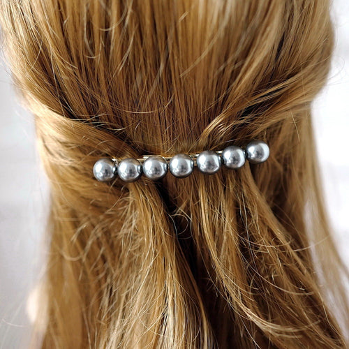 Barrette cheveux 8.5cm perles nacré gris