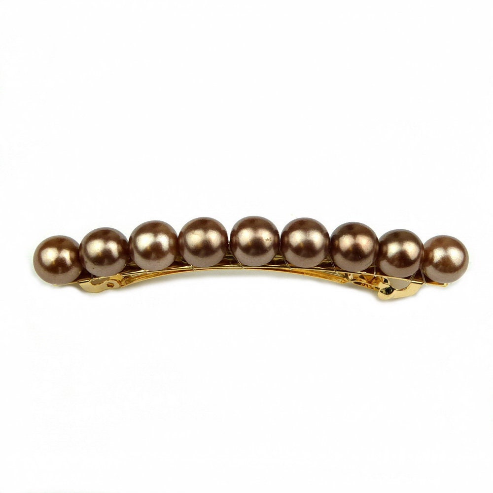 Barrette cheveux 8.5cm perles nacrées marron