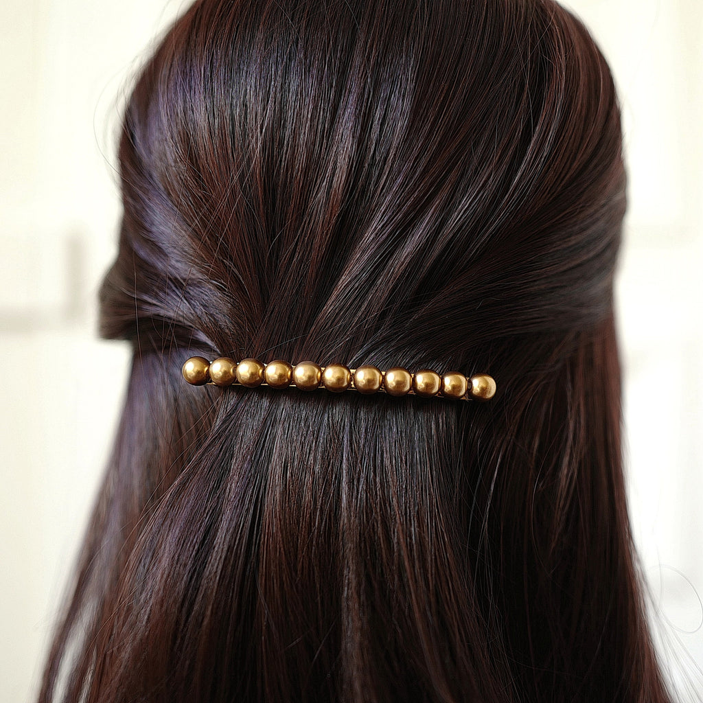 Barrette cheveux 8.5cm, perles nacrées dorées