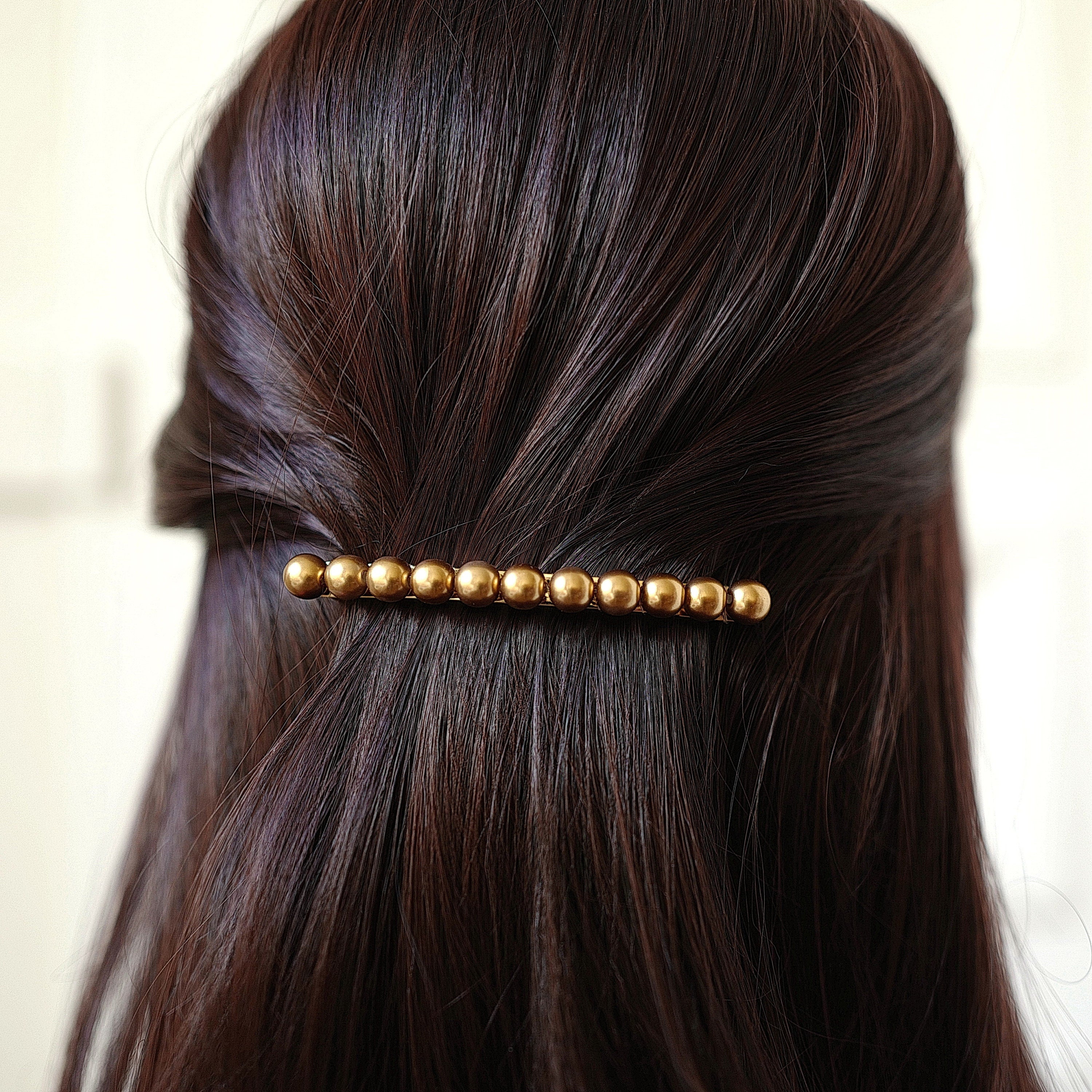 Barrette cheveux 8.5cm, perles nacrées dorées