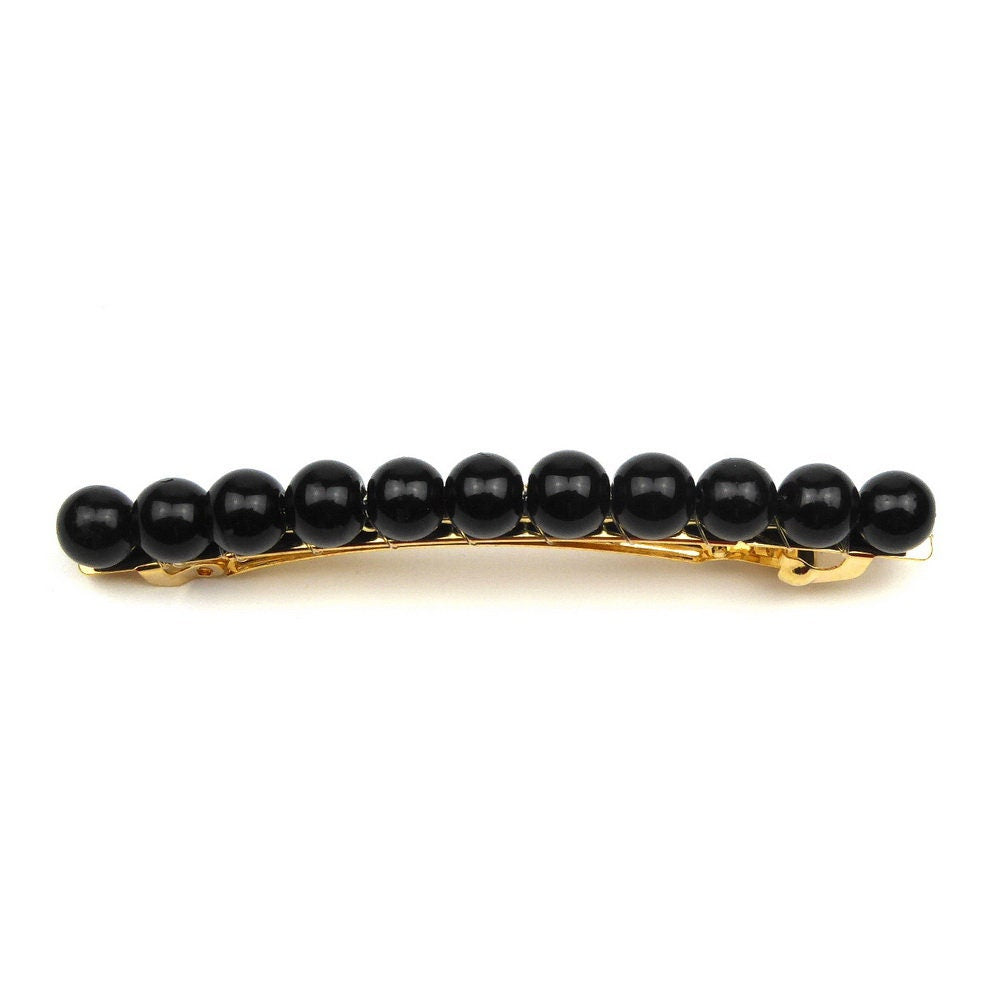 Barrette cheveux 8cm, perles 8mm noir
