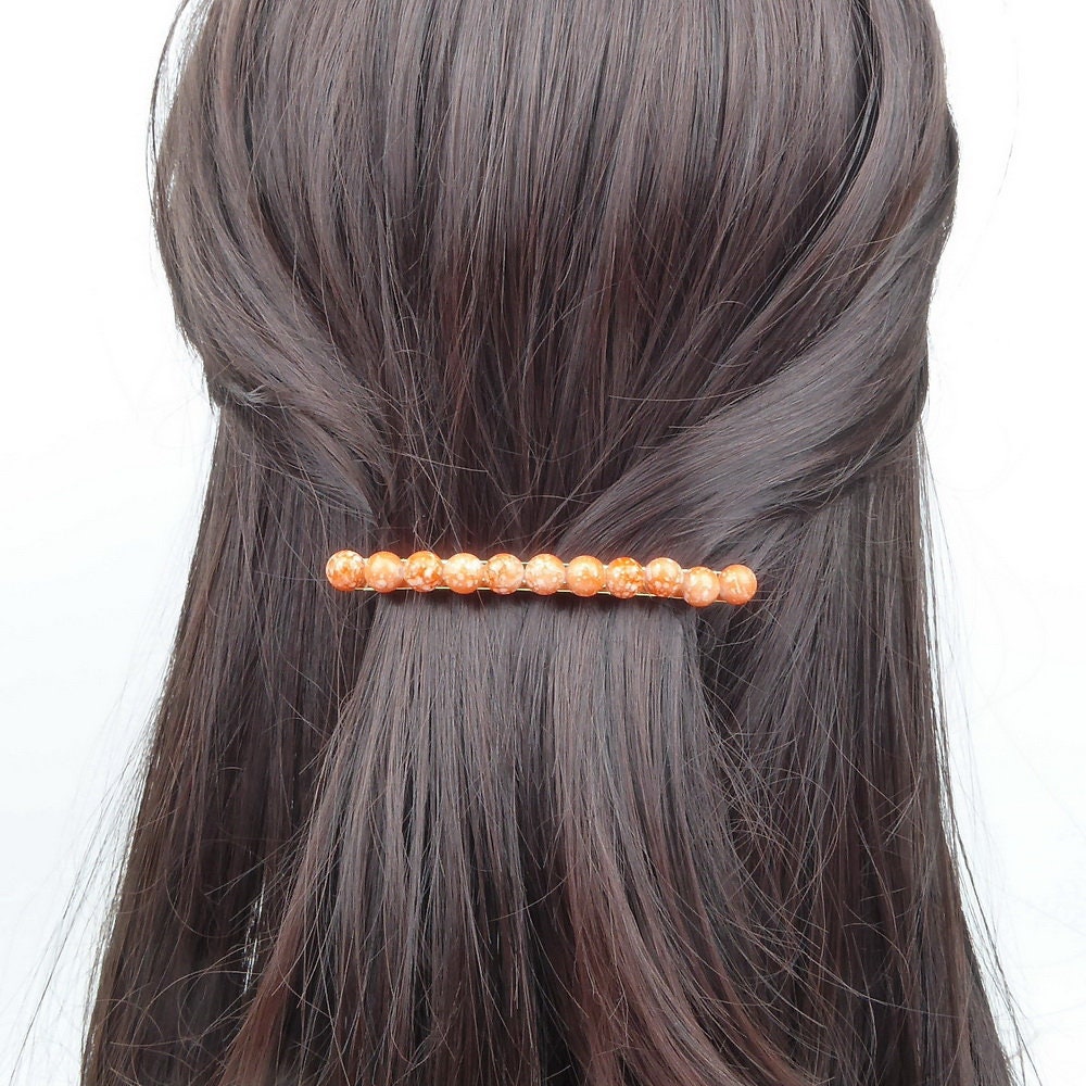 Barrette cheveux 8cm, perles 8mm orange