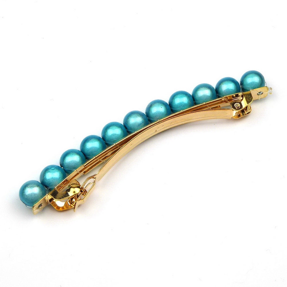 Barrette cheveux 8cm, perles translucides bleu, cheveux fin
