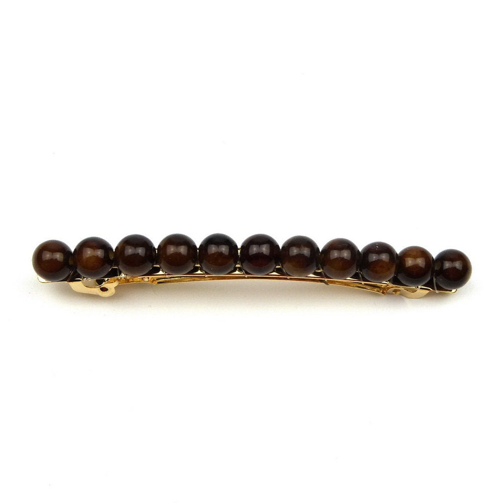 Barrette cheveux 8cm, perles 8mm marron