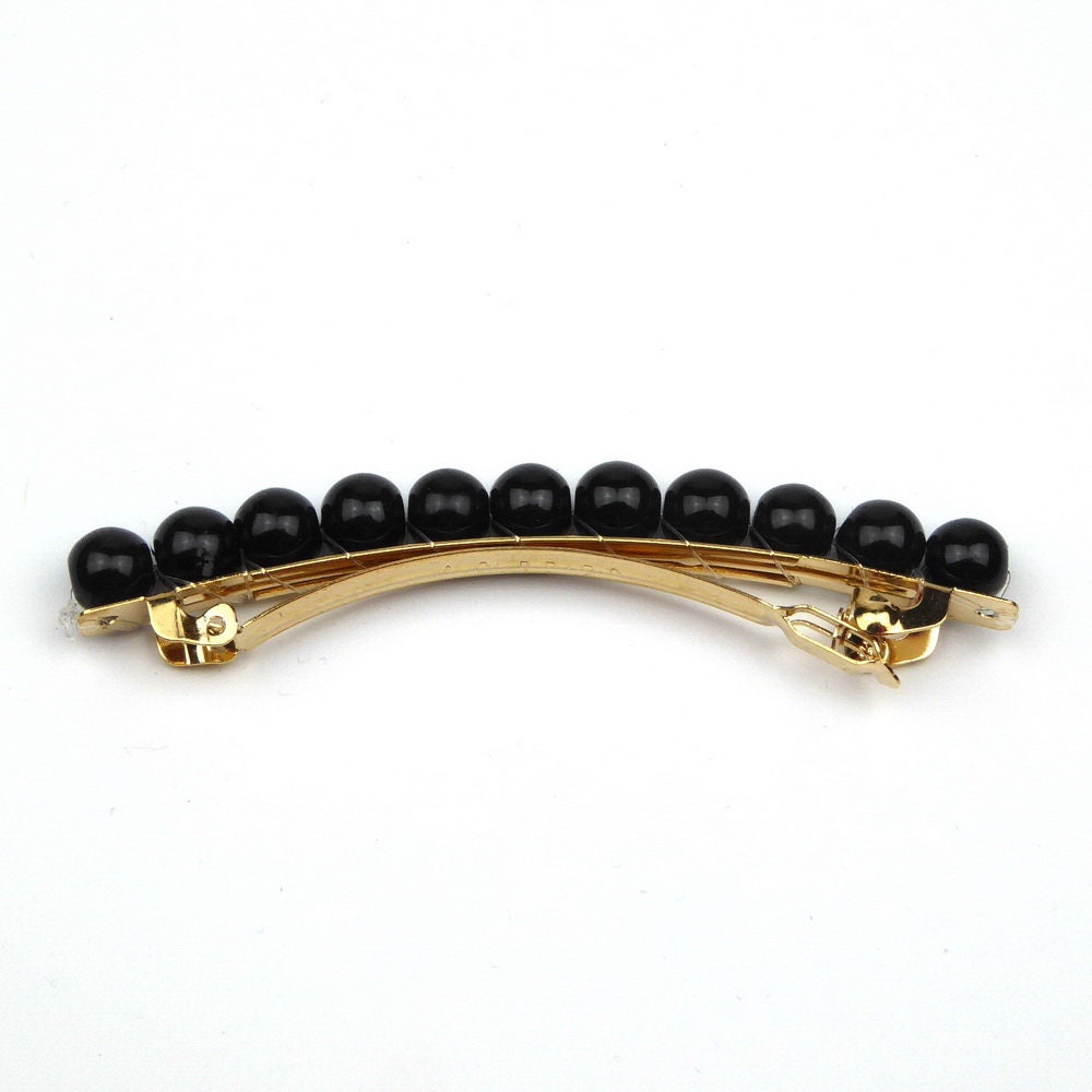 Barrette cheveux 8cm, perles 8mm noir cheveux fin