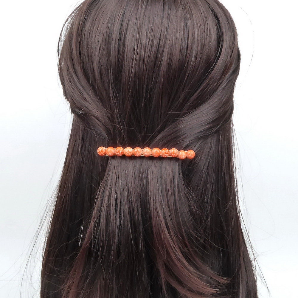 Barrette cheveux 8cm, perles orange