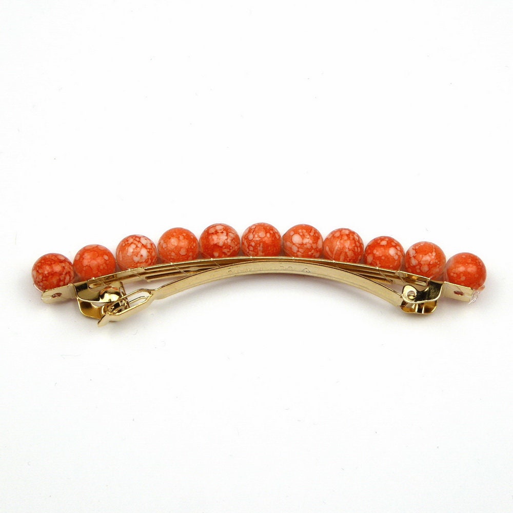 Barrette cheveux 8cm, perles 8mm orange marbré cheveux fin