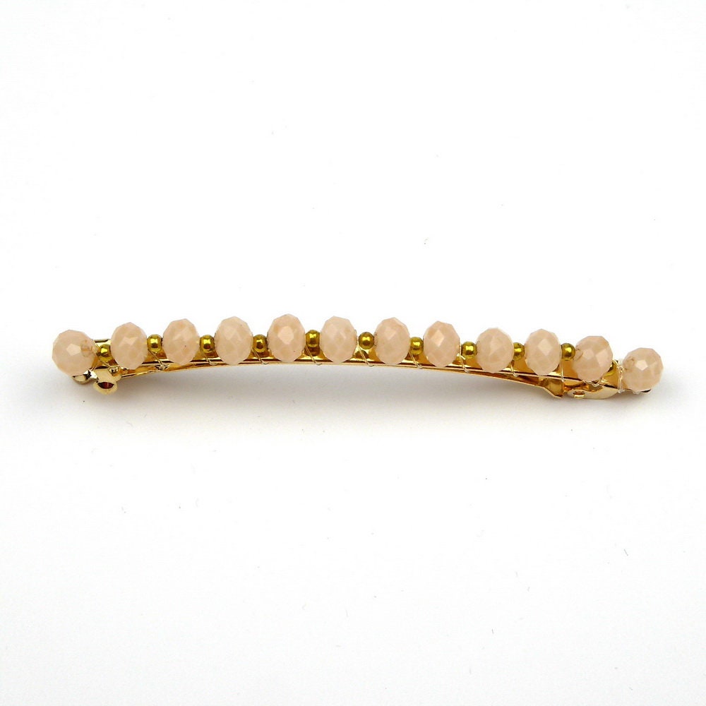 Barrette cheveux fine 8cm, perles ovale facette beige