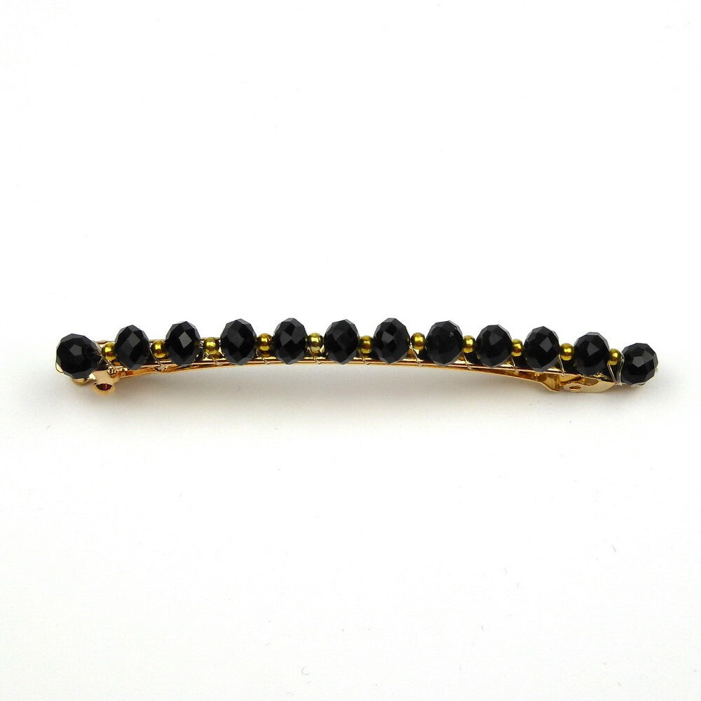 Barrette cheveux fine 8cm, perles ovale facette noir