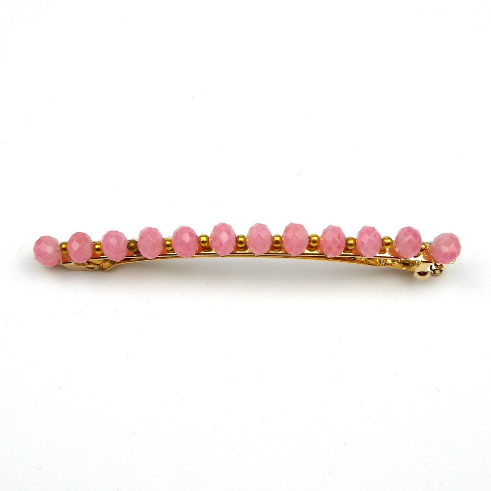 Barrette cheveux fine 8cm, perles ovale facette rose