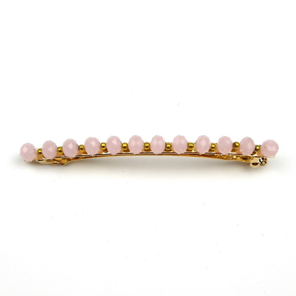 Barrette cheveux fine 8cm, perles ovale facette rose poudré