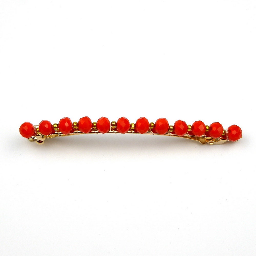 Barrette cheveux fine 8cm, perles ovale facette rouge