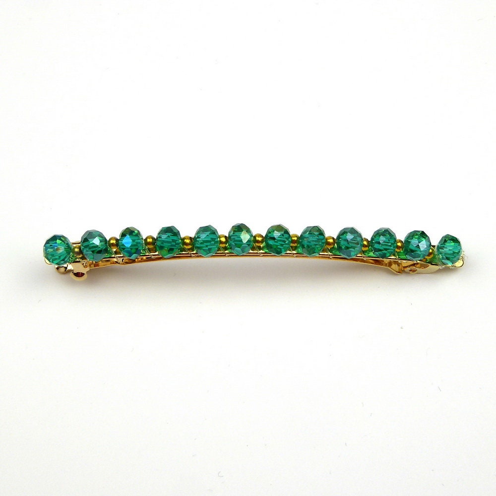 Barrette cheveux fine 8cm, perles ovale facette vert