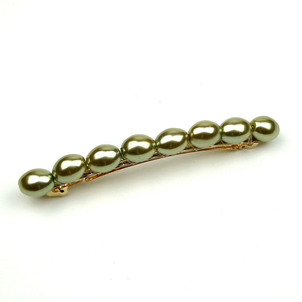 Barrette cheveux 8cm, perles ovales nacrées vert