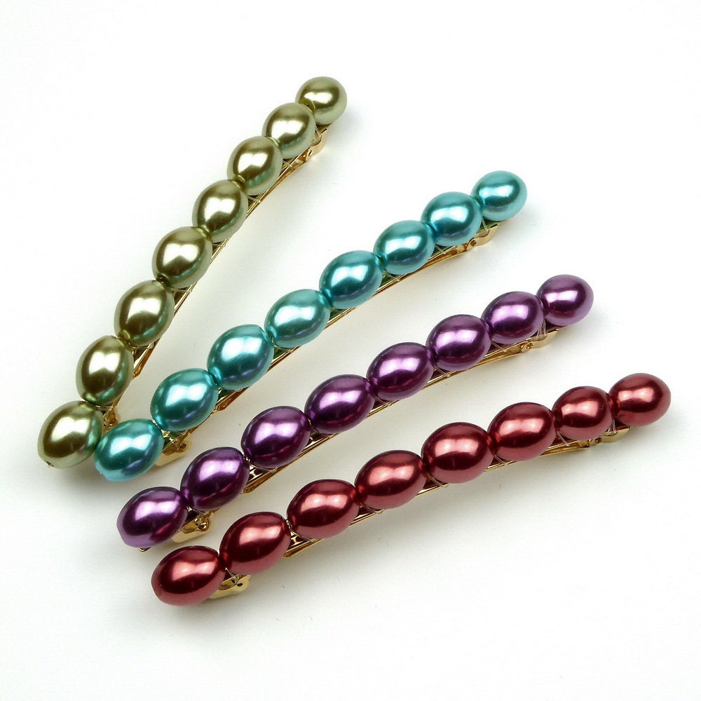 Barrette cheveux 8cm, perles ovales nacrées 