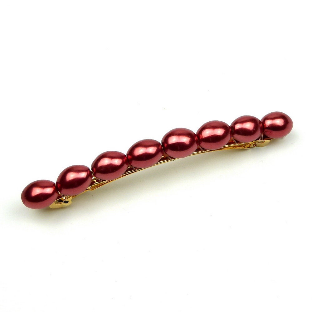 Barrette cheveux 8cm, perles ovales nacrées rouge