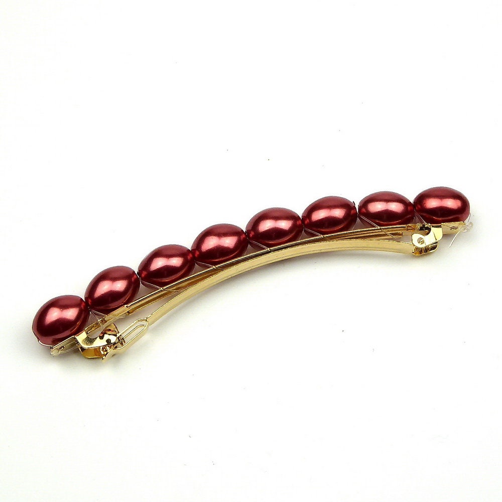 Barrette cheveux 8cm, perles ovales nacrées rouge cheveux fins